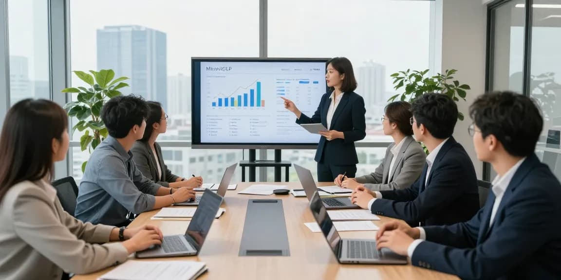 Business strategy meeting highlighting MiraviGLP insights with diverse professionals collaborating in a modern office setup.
