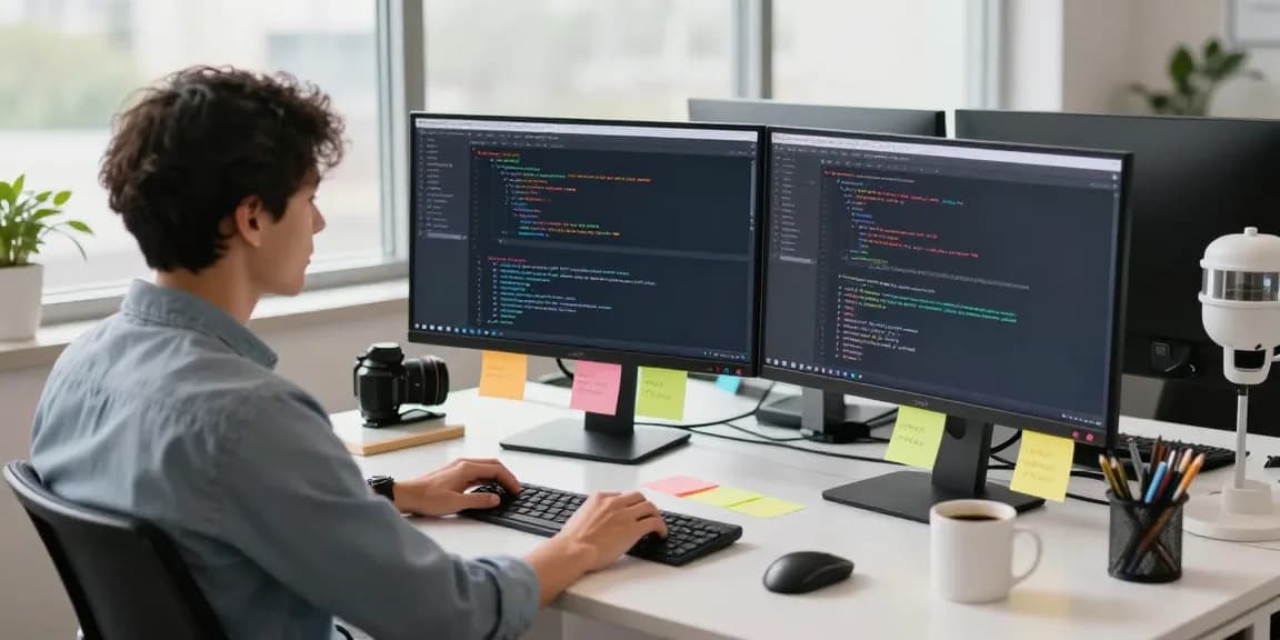 WhatsApp下載 in a modern tech workspace with dual monitors and a developer coding.