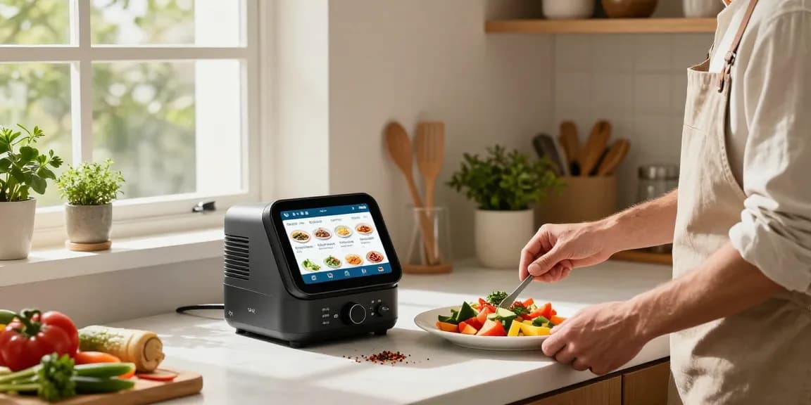 AI cooking gadgets showcased in a modern kitchen with fresh ingredients and recipe display.