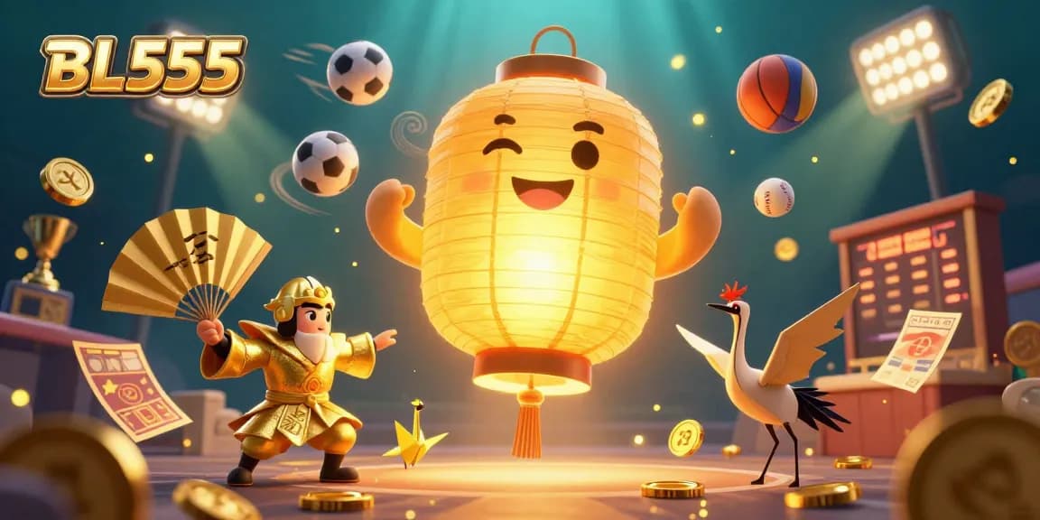 Experience the magic of BL555 at the lively night market casino filled with golden lanterns, sports elements, and excitement.