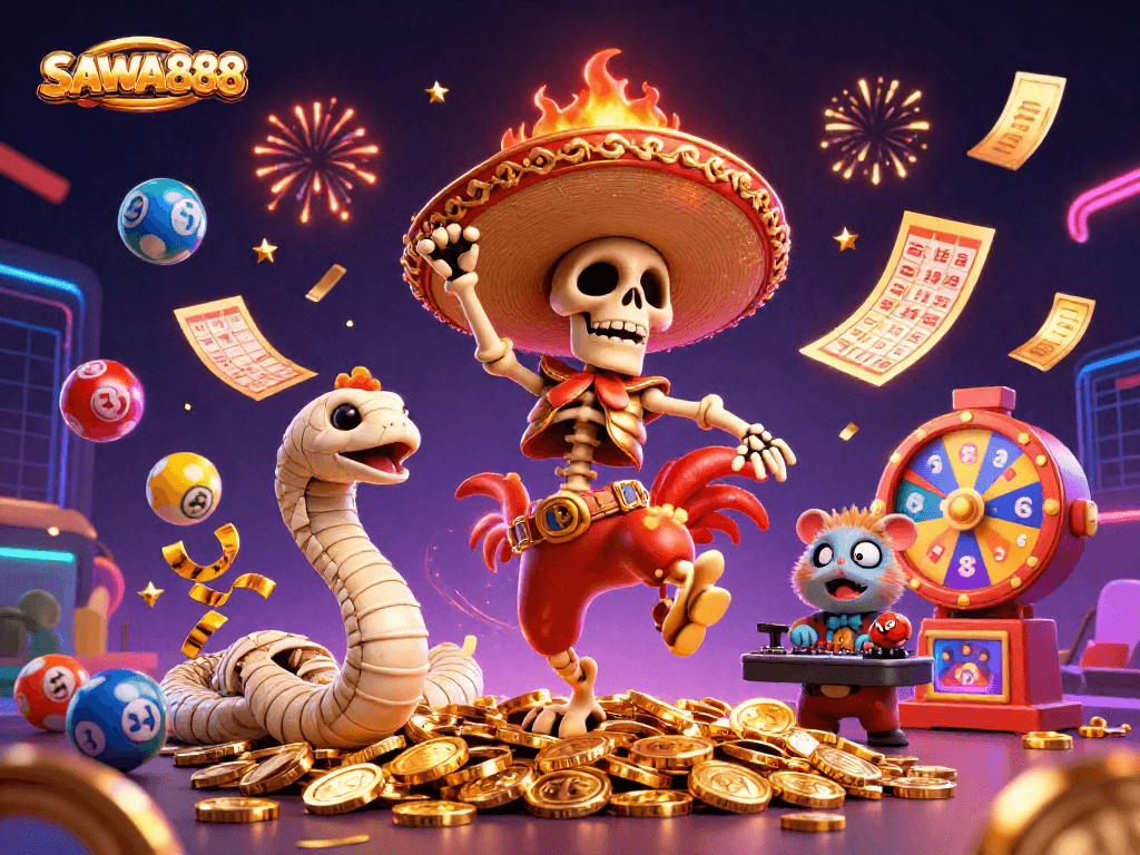 SAWA888 buzzes with excitement as a mariachi skeleton and friends celebrate a jackpot on colorful lottery elements.