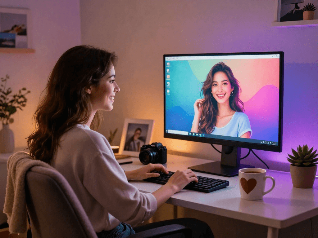 An engaging moment with an AI girlfriend in a cozy home office setup.