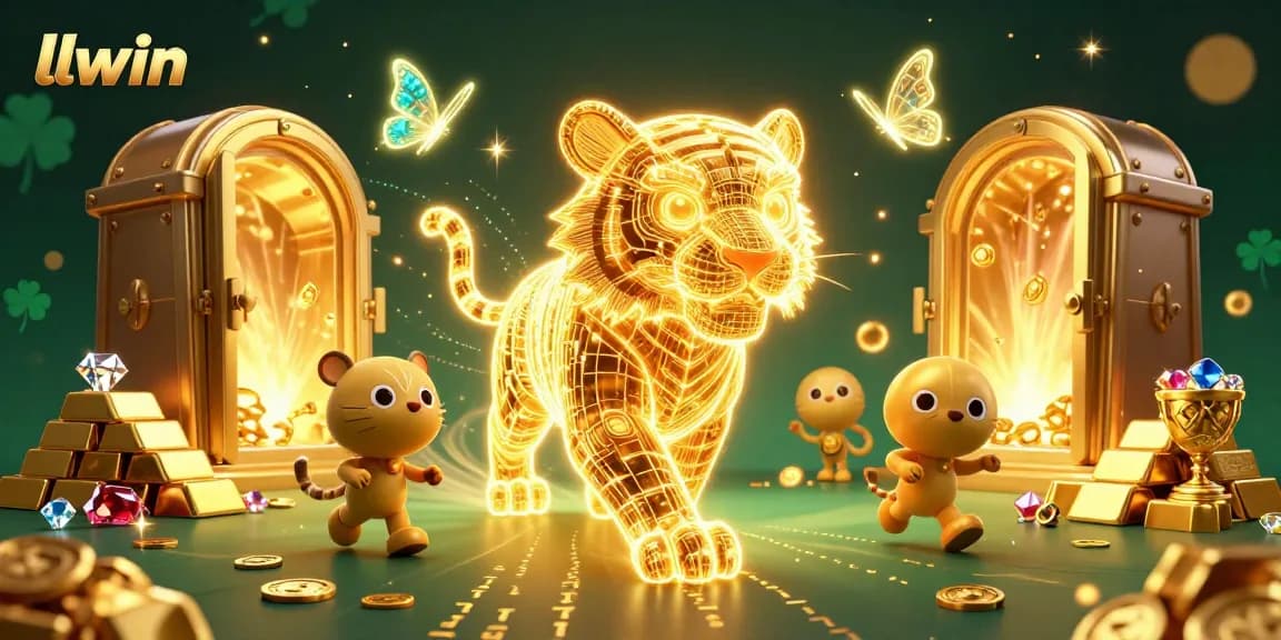 Experience llwin’s vibrant casino realm, featuring a golden tiger, treasures, and holographic companions.