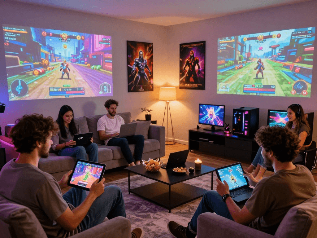 Group of adults enjoying online porn games on devices in a vibrant living room setting.
