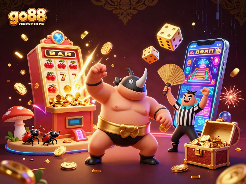 Experience the excitement of go88 trang chu chinh thuc with a lively casino scene featuring beetles and coins.