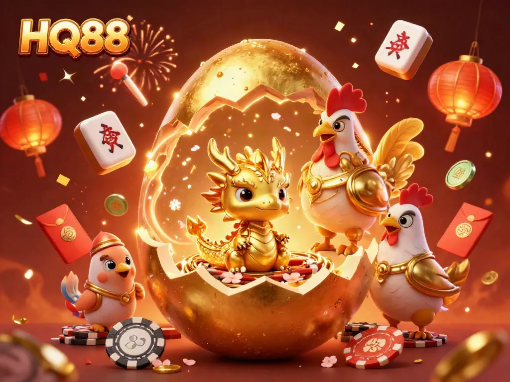 Engage with HQ88's vibrant gaming world featuring golden dragon, poker chips, and festive elements.