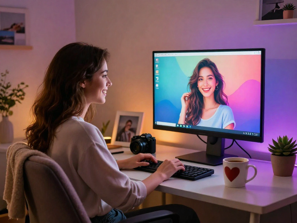 An engaging moment with an AI girlfriend in a cozy home office setup.
