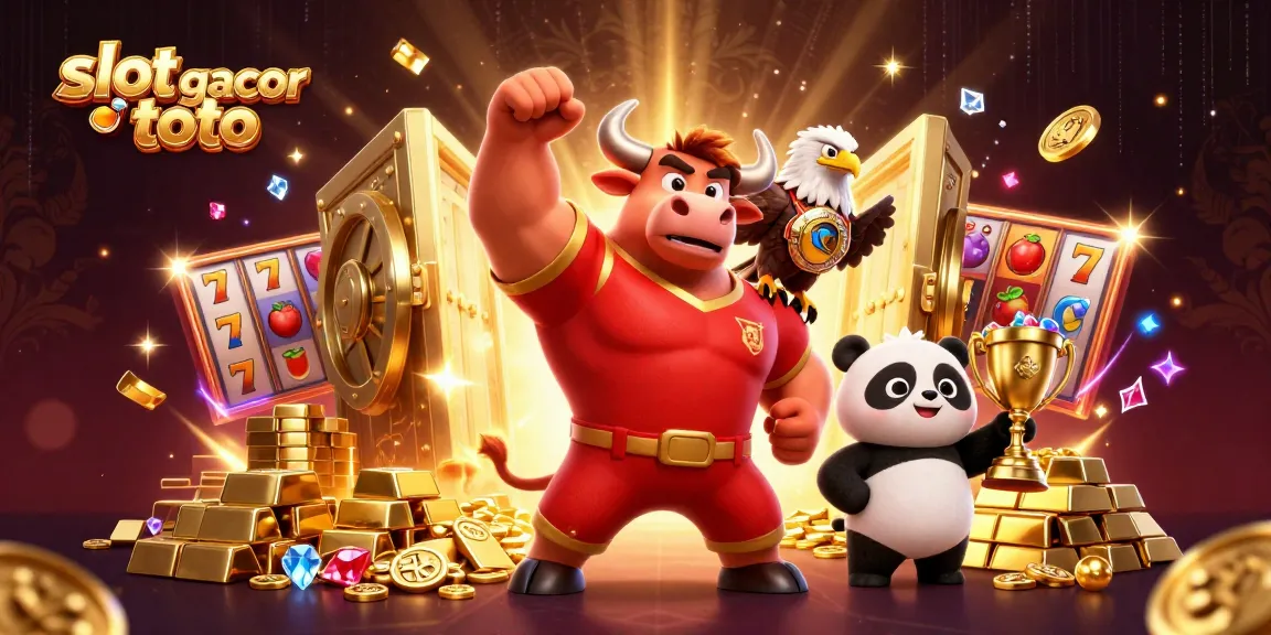 Spin on slot gacor toto reels with a victory pose by a muscular bull mascot and themed treasures.