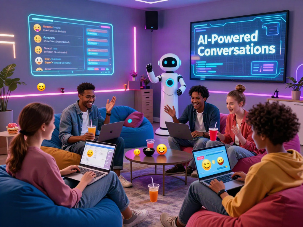 Engaging scene of users in a vibrant chat room discussing sex chat ai with AI avatars, showcasing lively conversation and modern tech.