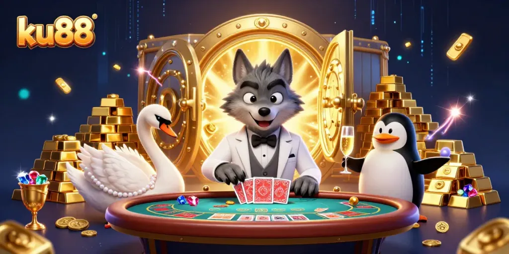 Engage in exciting gaming action at ku88 with a dazzling 3D casino scene featuring characters celebrating victory.