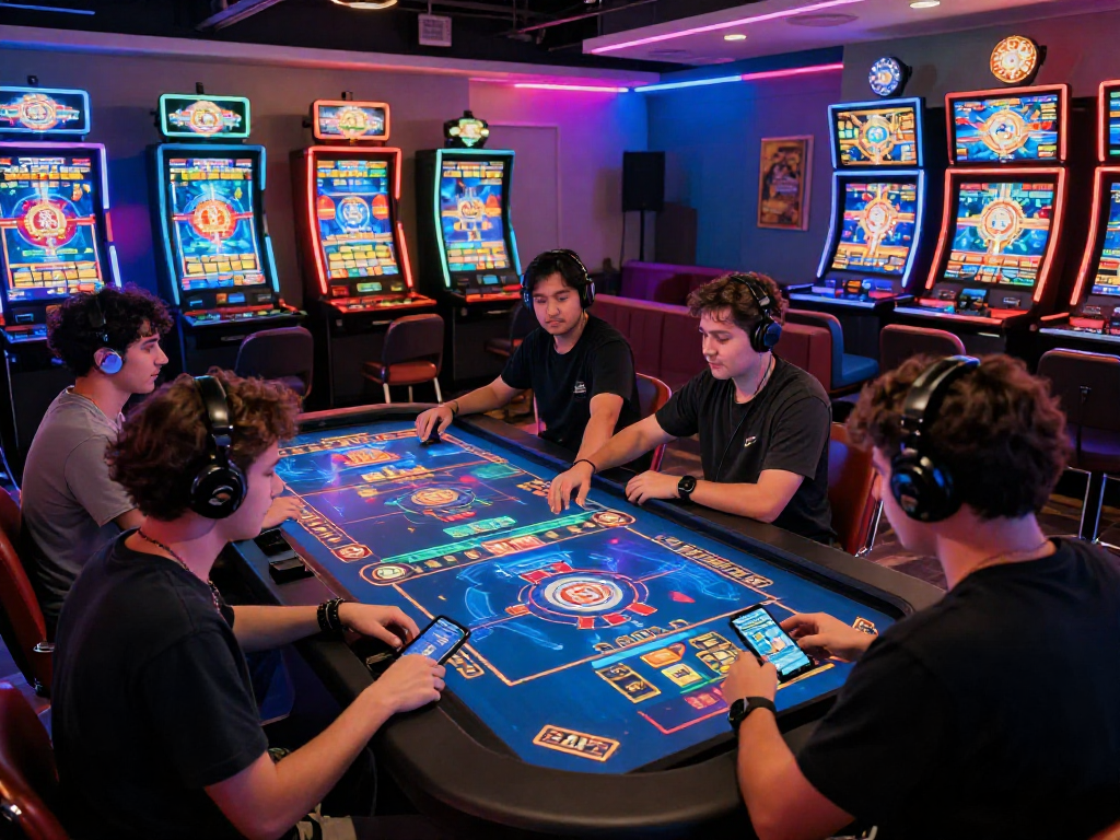 Engaged players at a crypto casino with advanced gaming interfaces and vibrant neon lights.