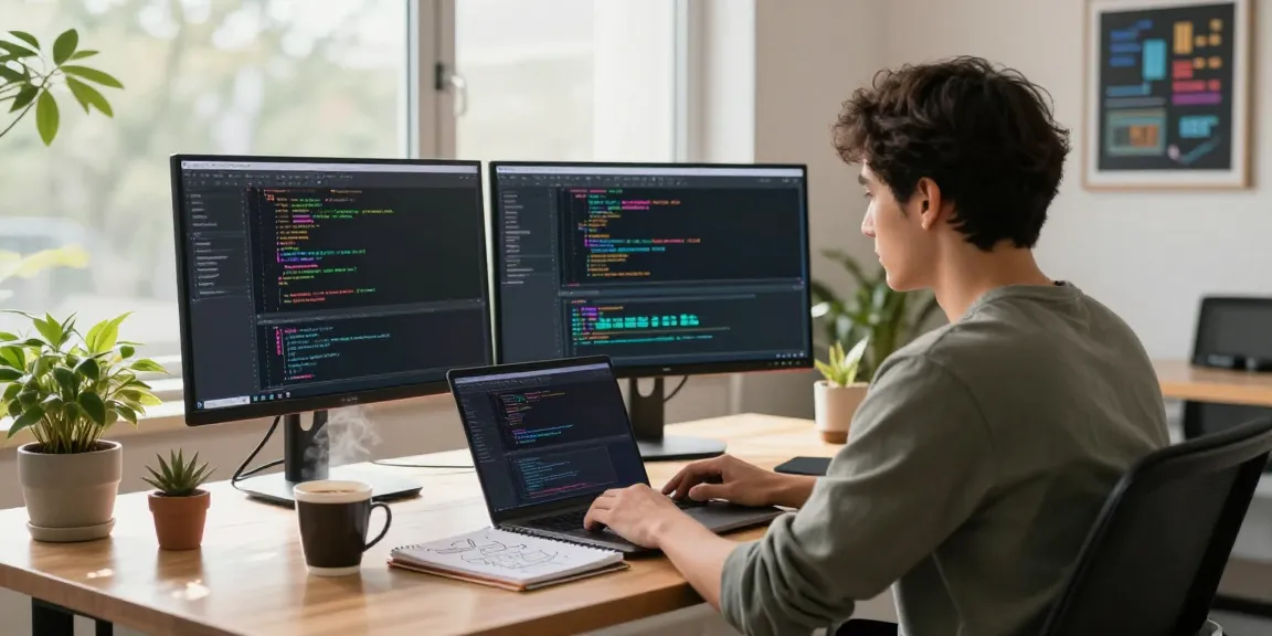 Developer utilizing instant indexing in a bright tech workspace with code on screens and a creative atmosphere.