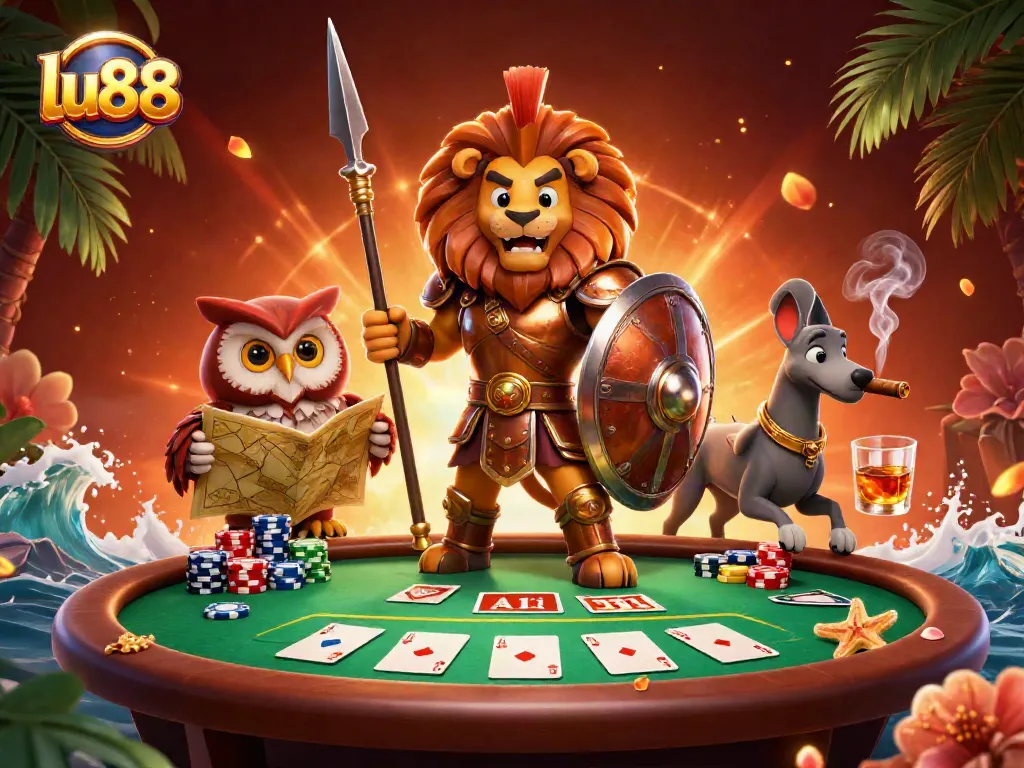 lu88 engages players with a dynamic scene of poker action featuring a Spartan lion, an owl strategist, and a greyhound messenger.