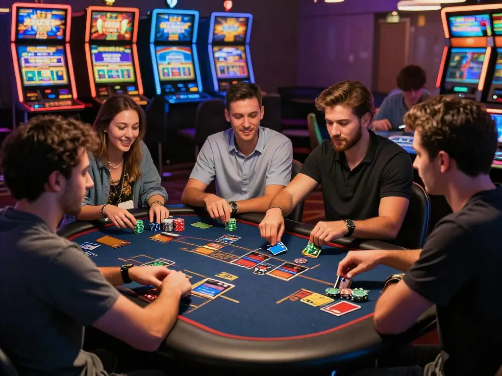Engaged players enjoying games at Mastercard casinos, vibrant atmosphere and modern setups.