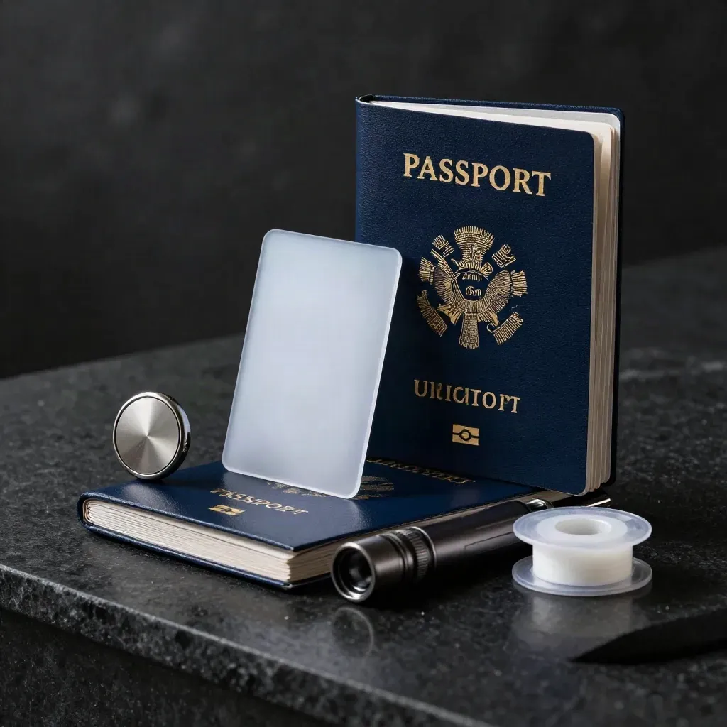 Verification kit with passport booklet, ID card, NFC reader, UV torch and seal spool on dark stone.