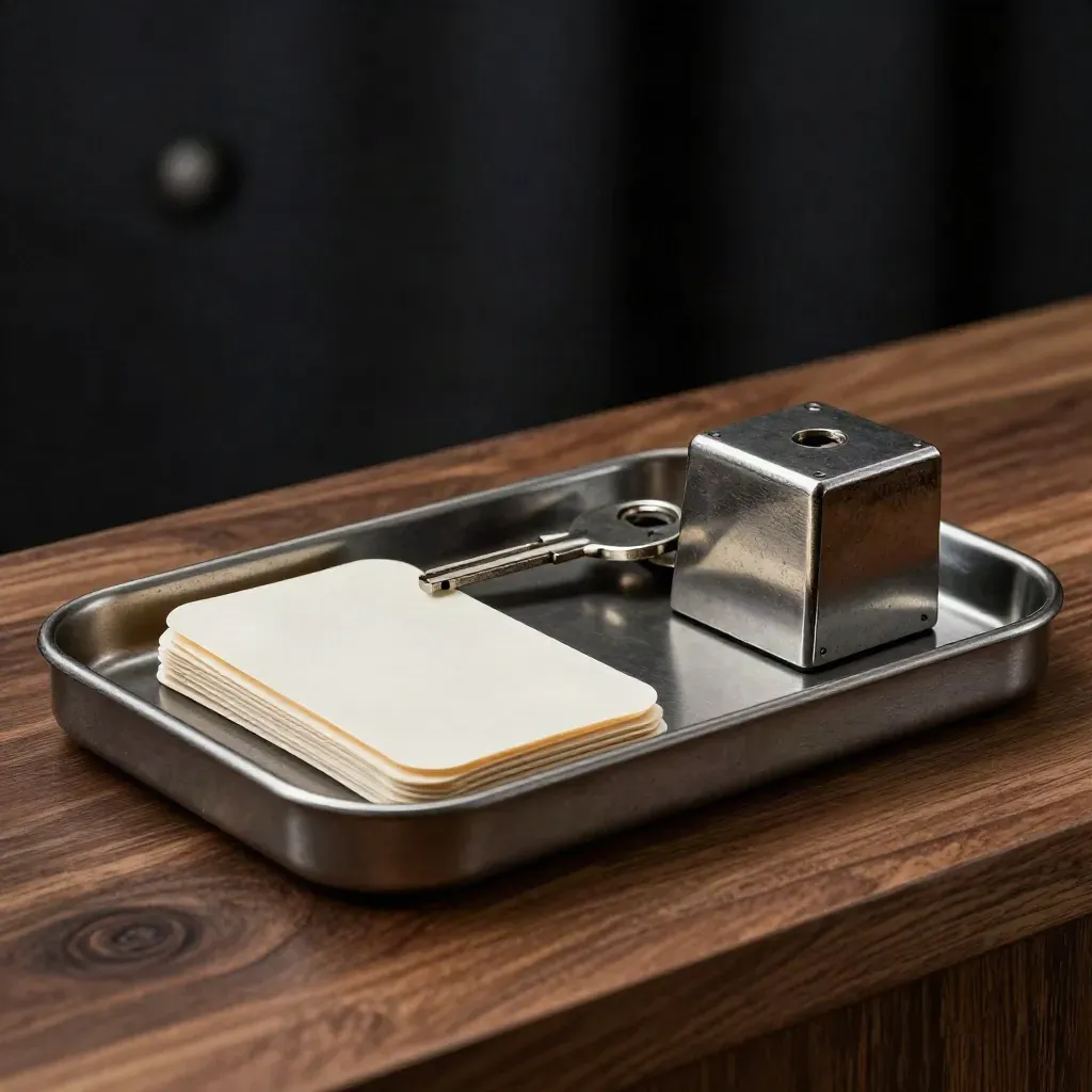 Half-open metal card tray, tamper seals and embossing block on walnut with dark bokeh