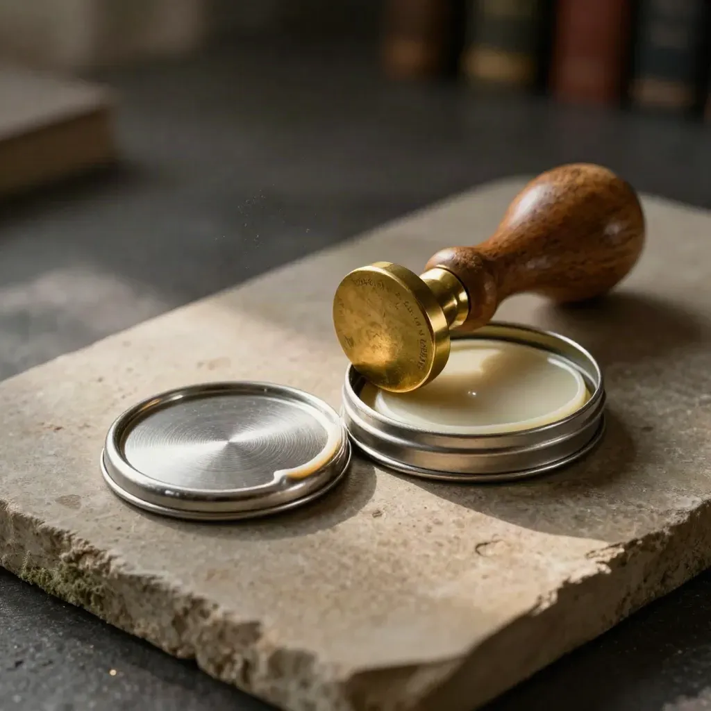 Brass archive stamp hovering above wax tin beside a silver ledger clip on stone