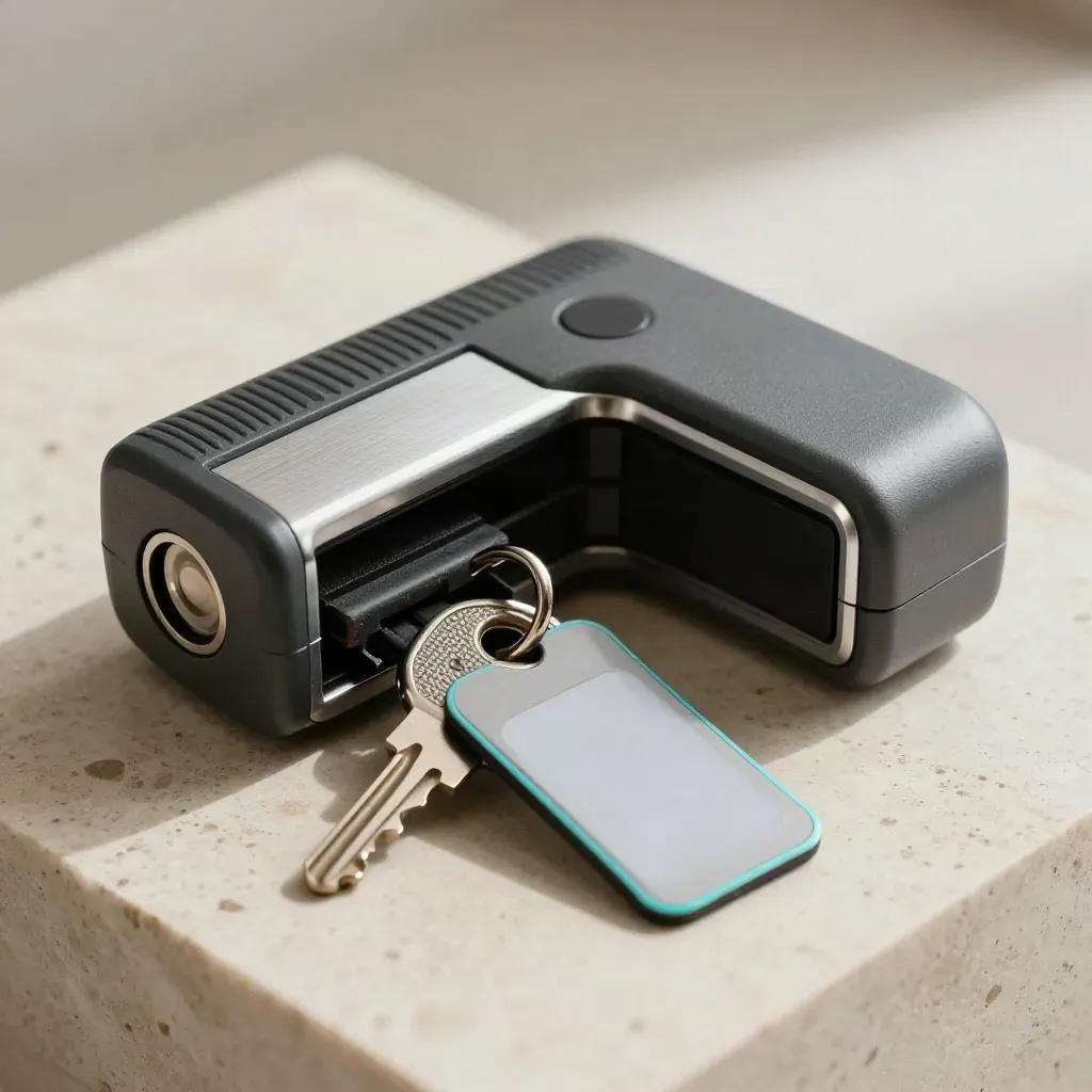 Passport scanner cradle with a security key and NFC badge on travertine.