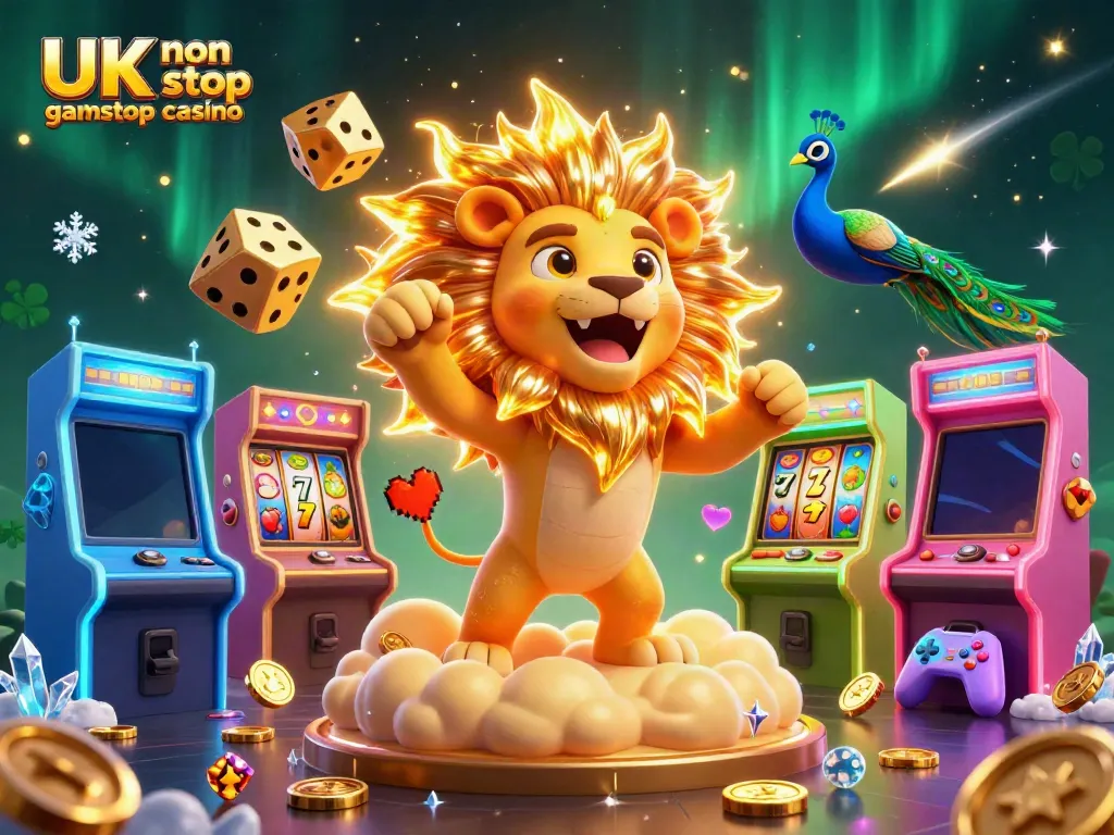 Experience the excitement of a UK non gamstop casino in this vibrant 3D illustration showcasing a roaring lion and dynamic gaming elements.