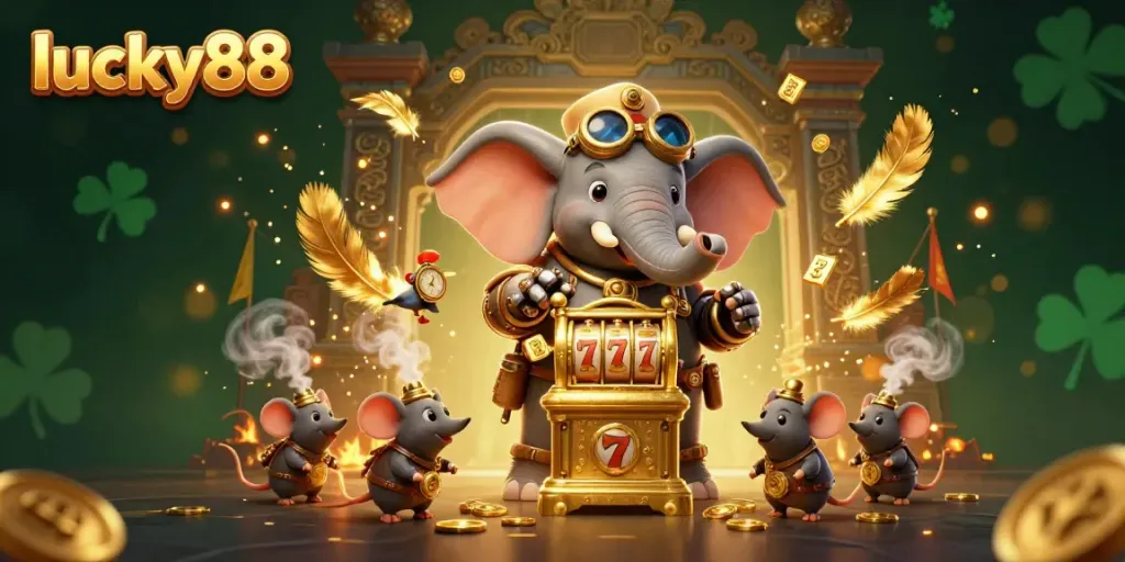 Experience the thrilling action of lucky88 with a steampunk elephant at a dynamic slot machine surrounded by colorful elements.