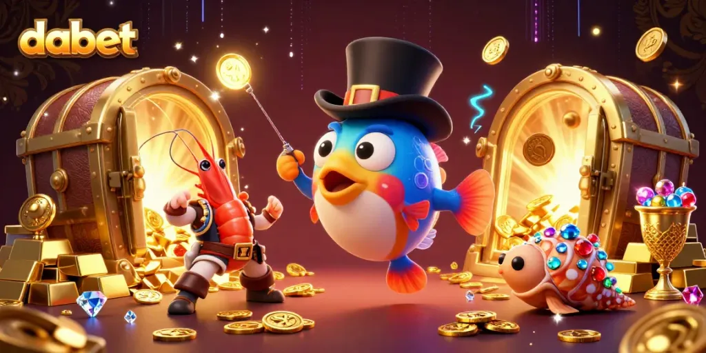 dabet attracts golden coins with a glowing lure, surrounded by treasure and casino elements