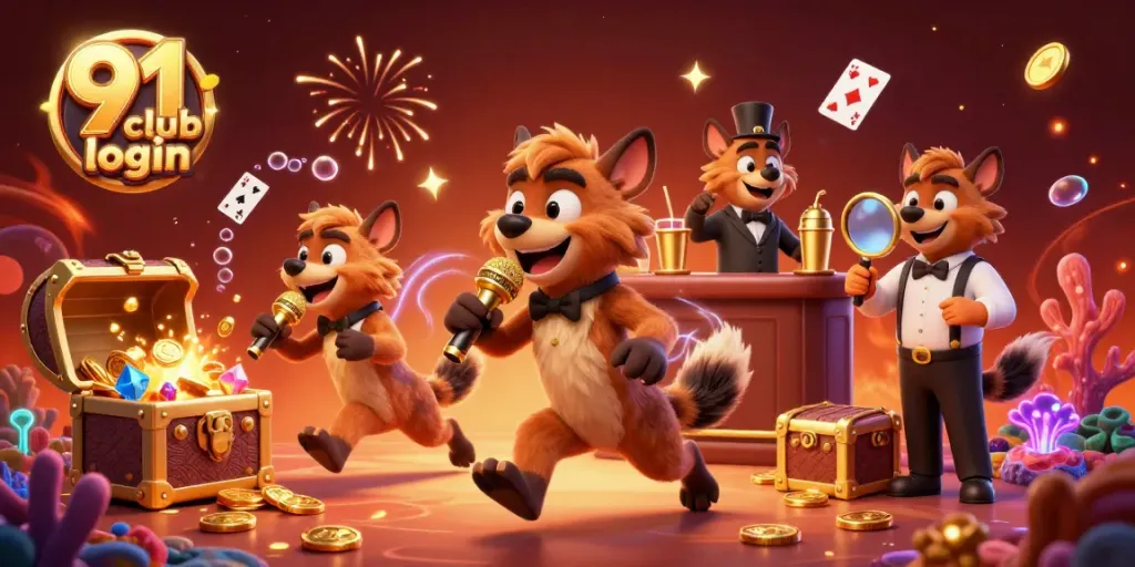 Engage with 91 club login at the vibrant comedy casino featuring hyenas in action.