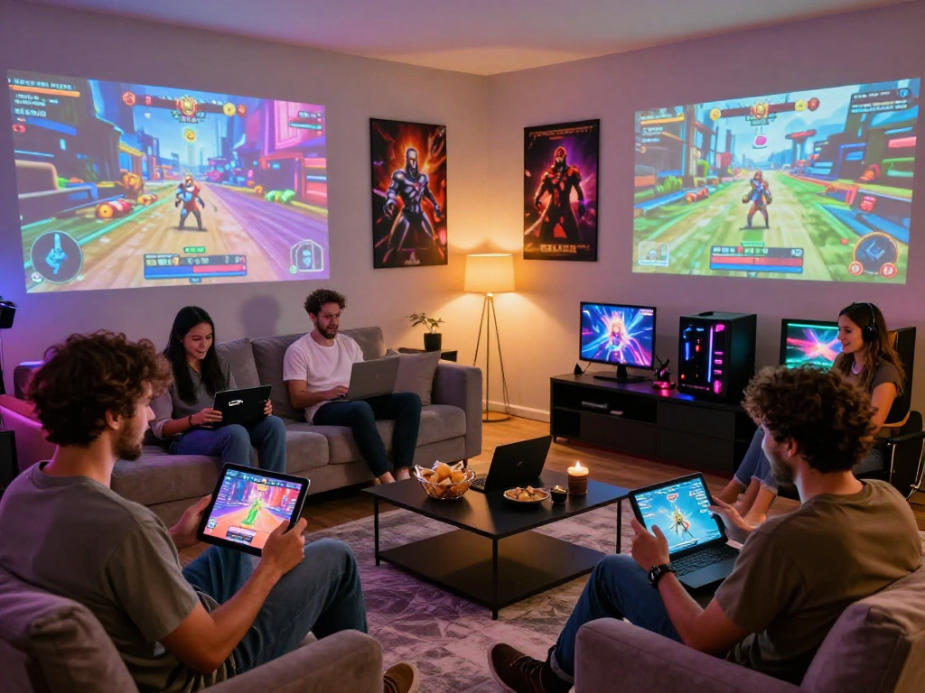 Group of adults enjoying online porn games on devices in a vibrant living room setting.