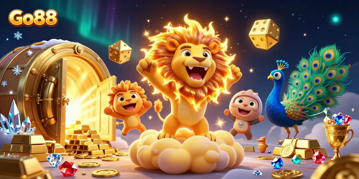 Experience the thrilling atmosphere of Go88 with golden treasures and vibrant 3D characters.