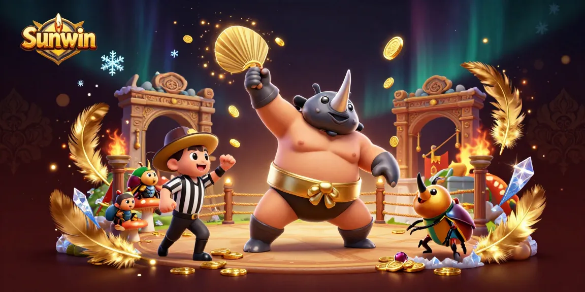 Sunwin offers thrilling casino gameplay with a dynamic 3D battle of beetles surrounded by golden coins and vibrant visuals.