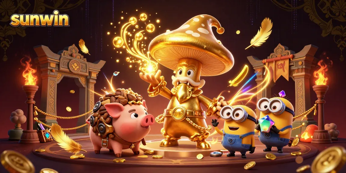 sunwin casino illustration featuring a golden wizard, truffle pig and gemstone minions amidst dynamic gaming elements