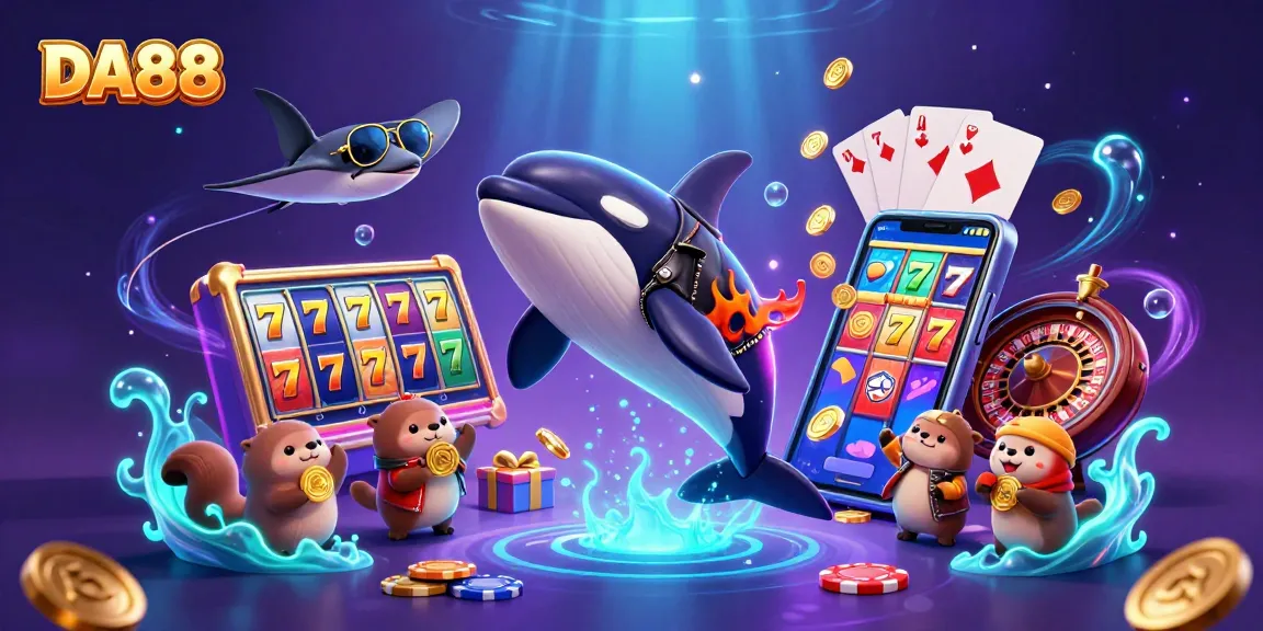 Experience thrilling wins with DA88 as sea creatures enjoy golden coins in a vibrant casino scene.