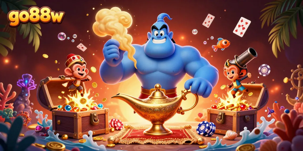 Experience the thrill of go88w with a dynamic casino adventure featuring a muscular genie and magical elements.