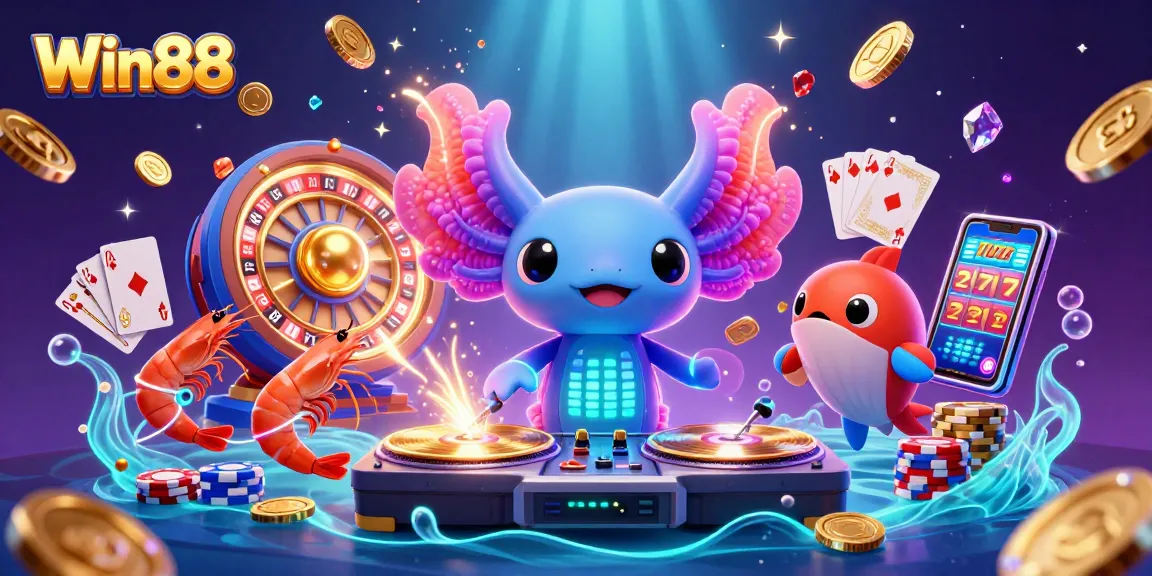 Experience the thrill of Win88 with a neon axolotl DJ and casino elements in this vibrant illustration.